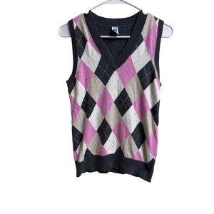 GAP Argyle Sweater Vest Womens Small Pink Gray Cream V-Neck 100% Cotton